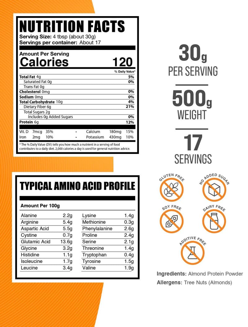BulkSupplements almond protein powder scoop for daily plant-based servings.