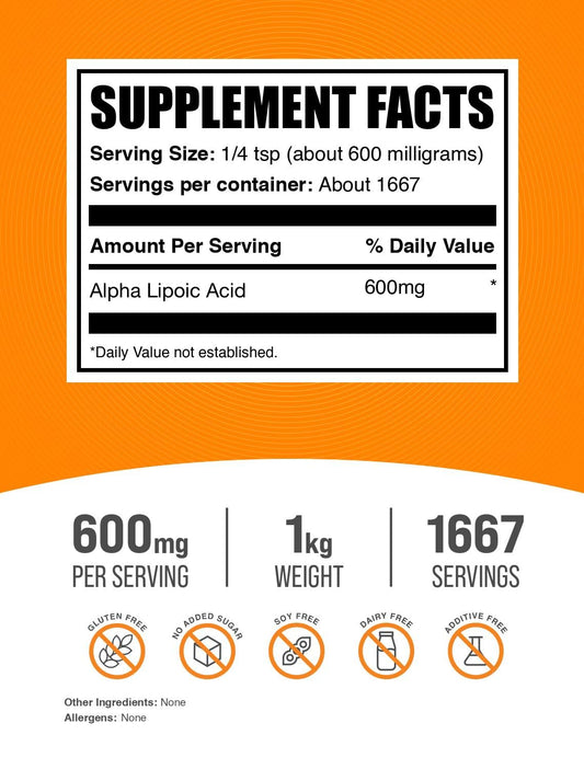 BulkSupplements Alpha Lipoic Acid powder 1kg pack for long-term daily supplementation.