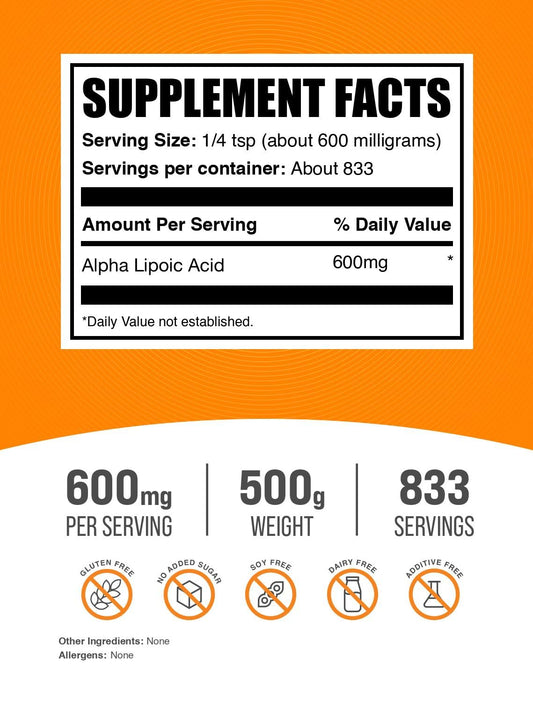 BulkSupplements Alpha Lipoic Acid powder scoop for easy dose mixing.