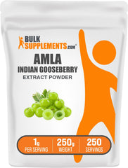 BulkSupplements Amla Extract Powder jar shows gluten free formula for daily use