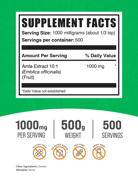 BulkSupplements Amla Extract Powder scoop next to glass for easy mixing
