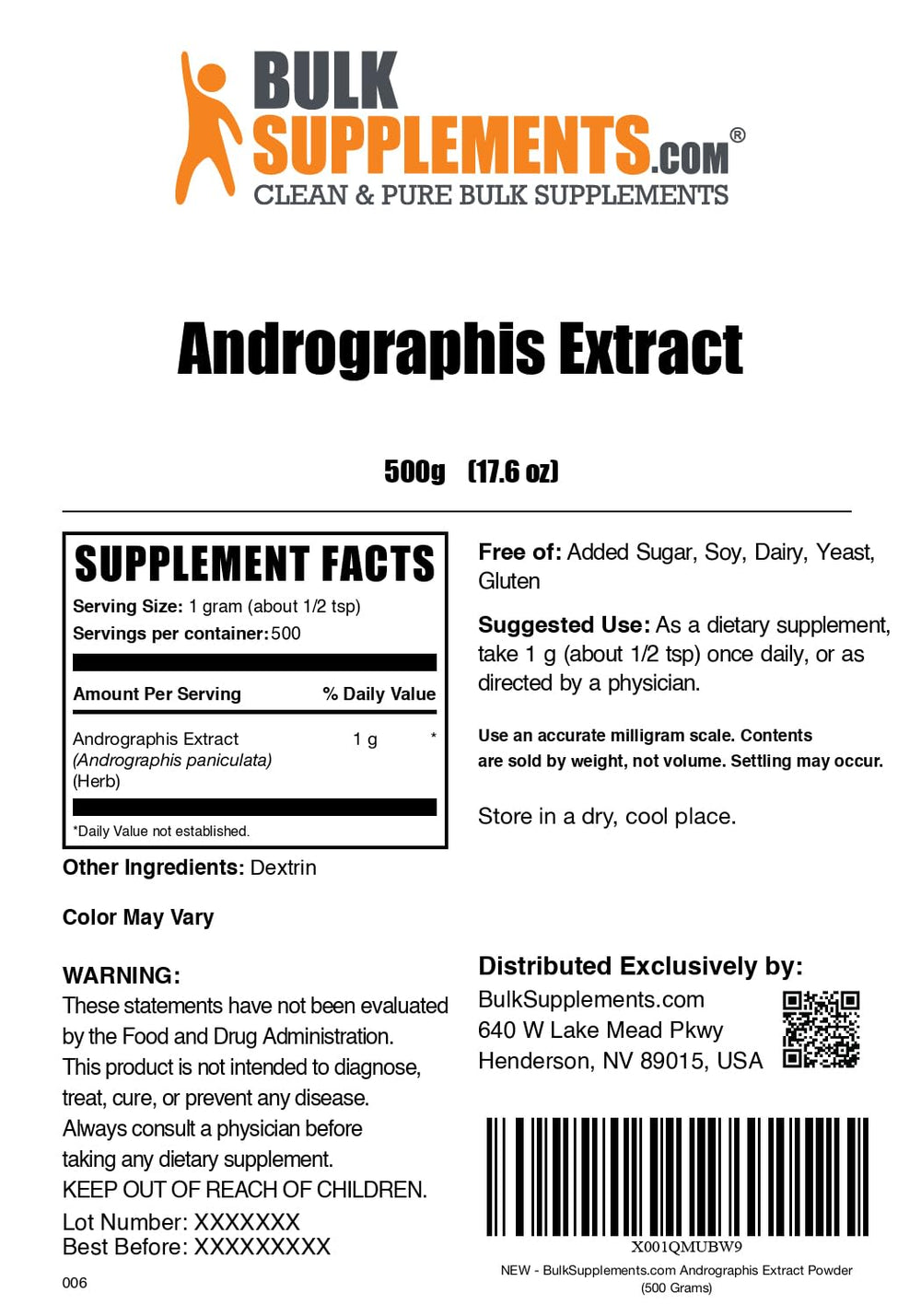 BulkSupplements Andrographis Extract Powder packaging ready for bulk purchases.