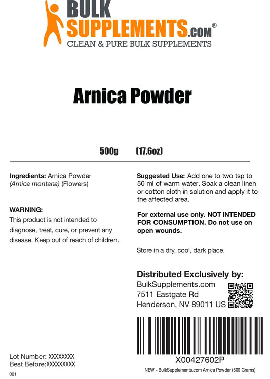 BulkSupplements Arnica Powder bottle close-up, ideal for plant-based wellness routines.