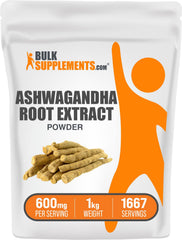 BulkSupplements ashwagandha root extract powder 600mg serving for daily balance.