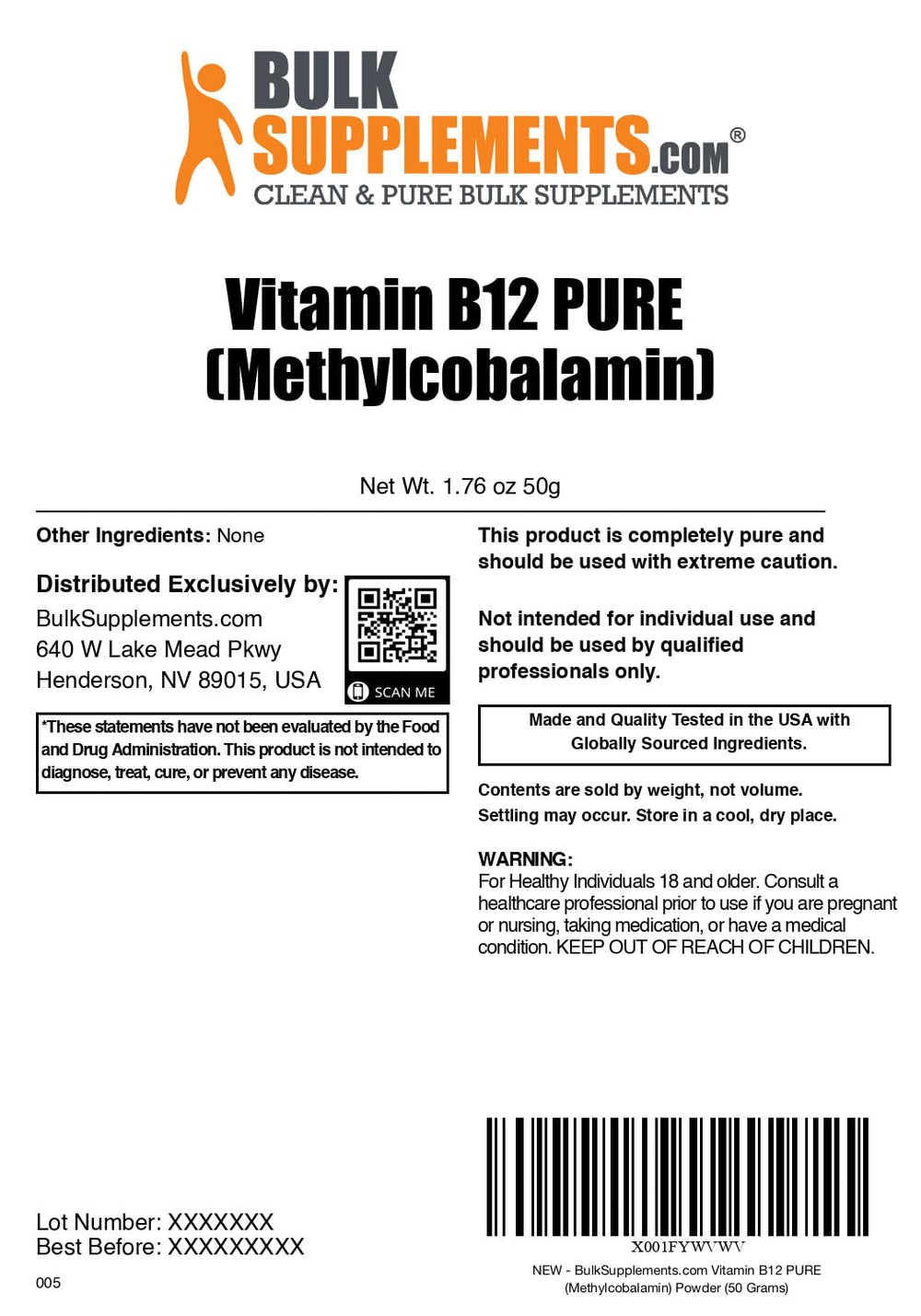 BulkSupplements B12 methylcobalamin powder with measuring spoon for precise dosing in blends.