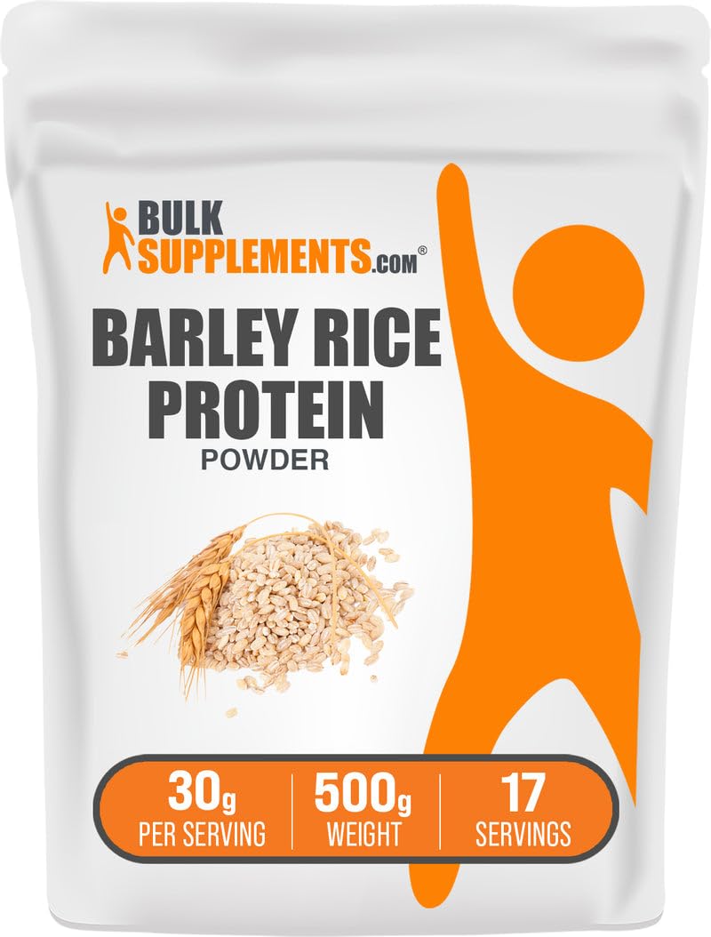 BulkSupplements Barley Rice Protein Powder jar front, vegan protein option for smoothies.
