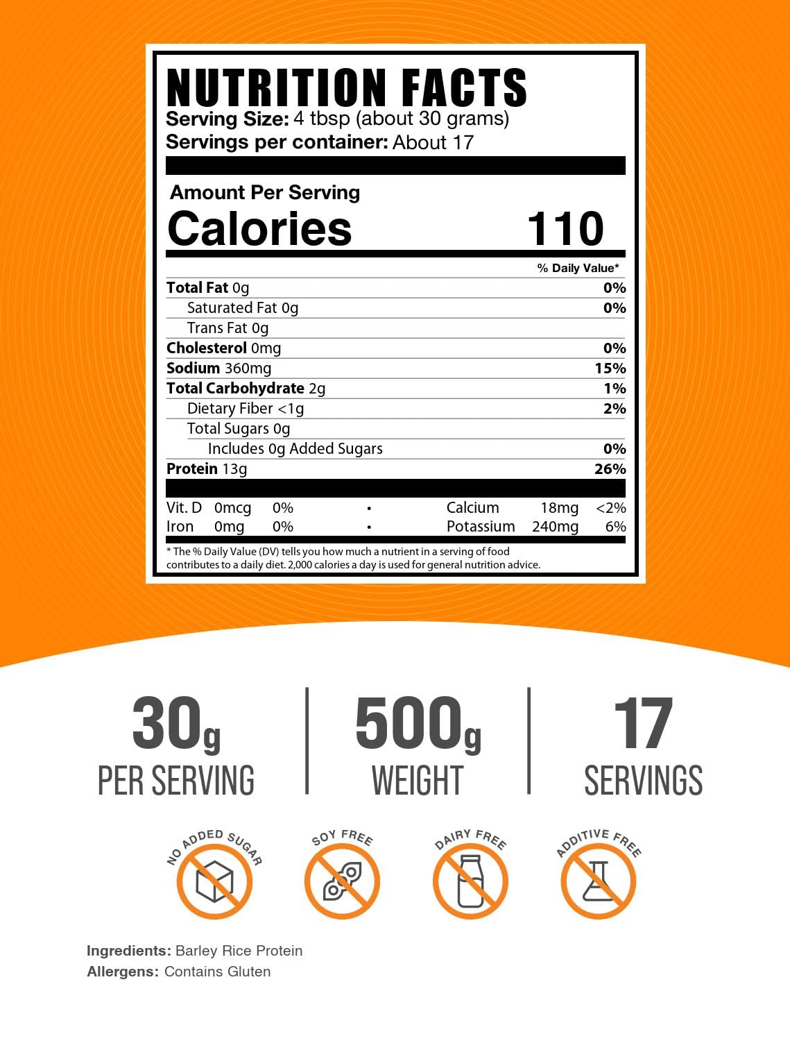 BulkSupplements Barley Rice Protein Powder label close-up, clean unflavored protein.