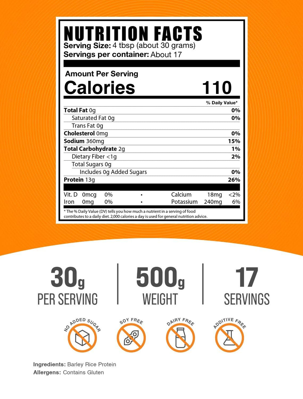 BulkSupplements Barley Rice Protein Powder label close-up, clean unflavored protein.