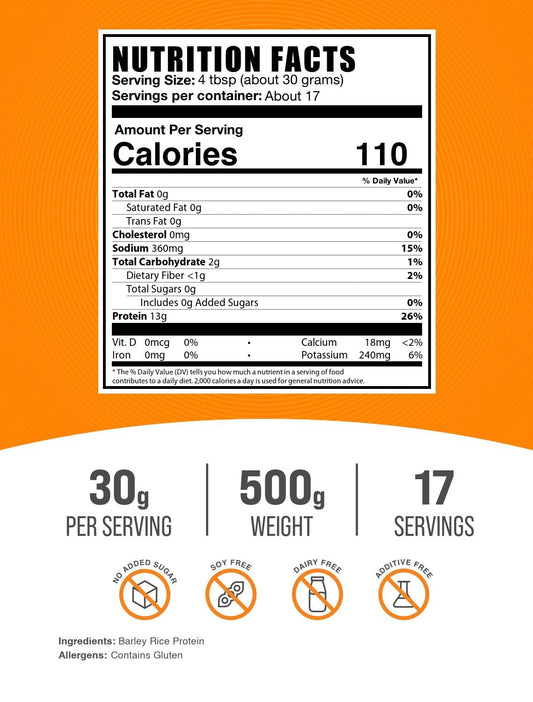 BulkSupplements Barley Rice Protein Powder label close-up, clean unflavored protein.