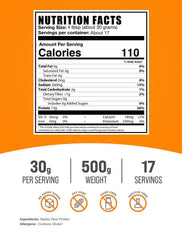 BulkSupplements Barley Rice Protein Powder label close-up, clean unflavored protein.