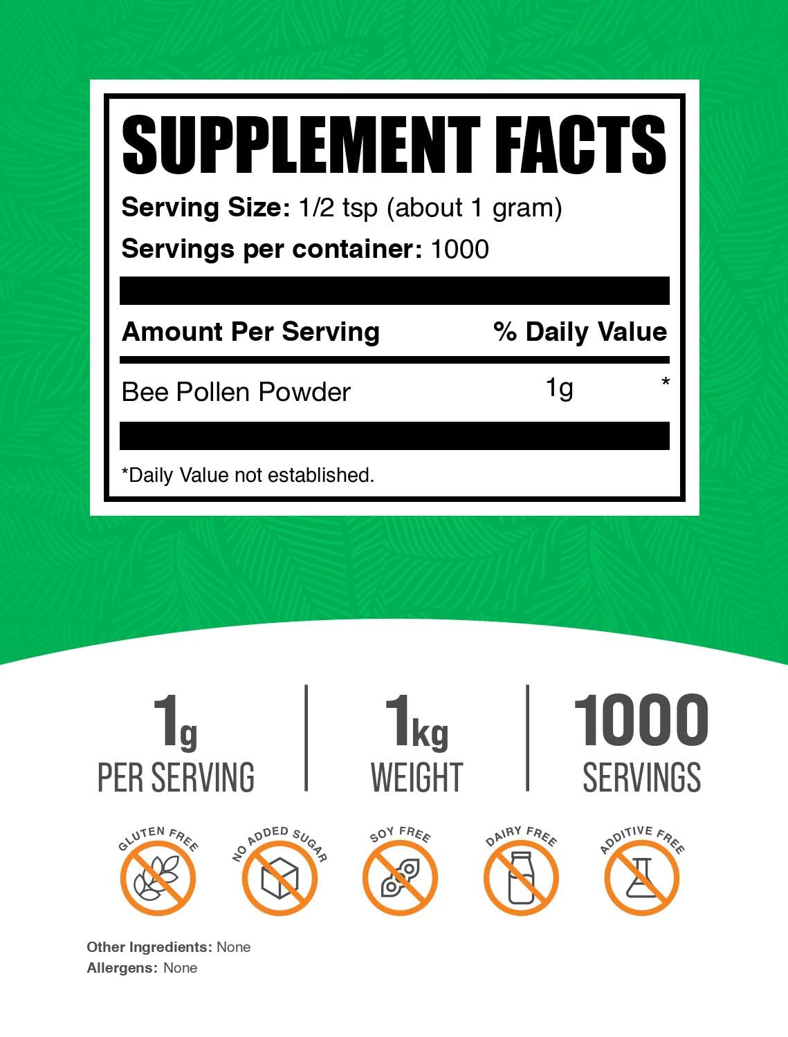 BulkSupplements Bee Pollen Powder measuring spoon shows easy mixing for daily use.