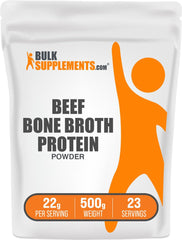 BulkSupplements Beef Bone Broth Protein Powder container highlights a dairy free protein option for active lifestyles.
