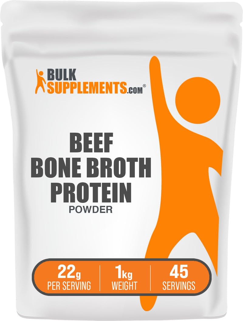 BulkSupplements Beef Bone Broth Protein Powder jar showing 22g protein per serving for athletic energy