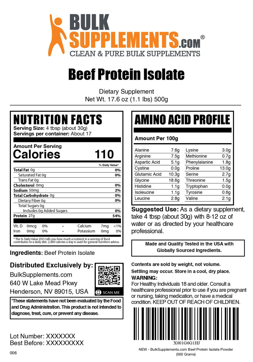 BulkSupplements Beef Protein Isolate packaging emphasizes quality and third-party testing