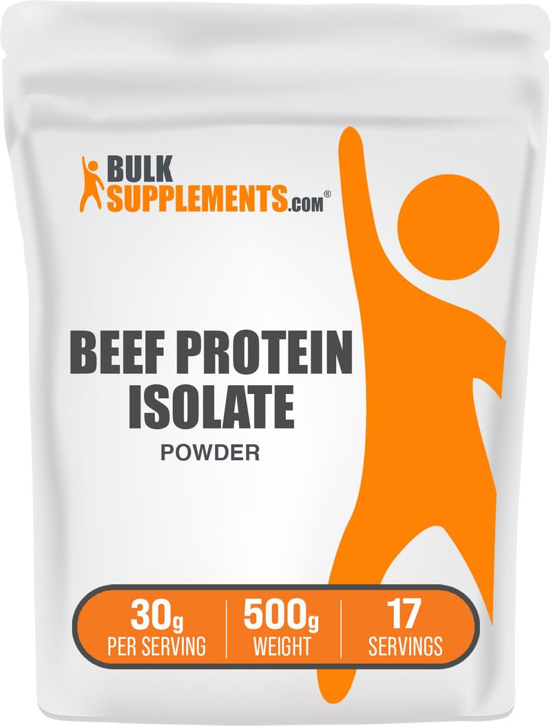 BulkSupplements Beef Protein Isolate powder bottle showing lactose-free protein for active lifestyles