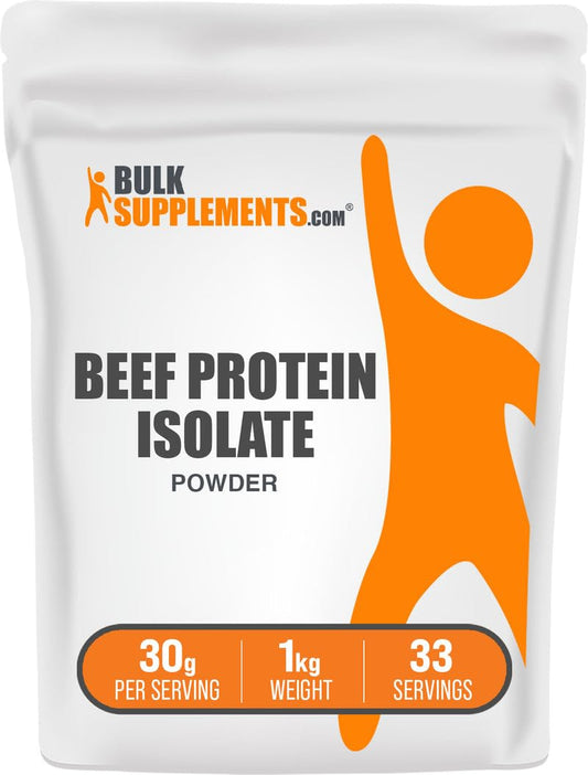 BulkSupplements Beef Protein Isolate powder tub for dairy-free shakes.