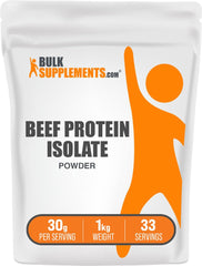 BulkSupplements Beef Protein Isolate powder tub for dairy-free shakes.