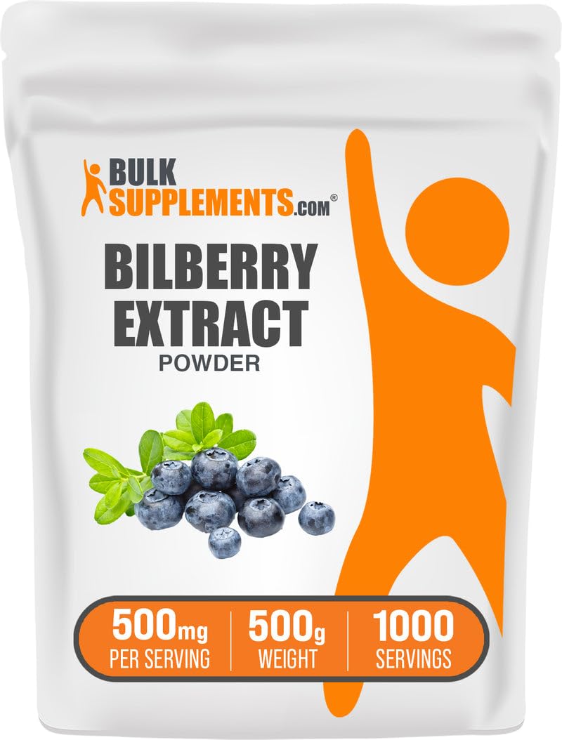 BulkSupplements Bilberry Extract Powder bottle highlighting vegan, gluten-free status for daily wellness.
