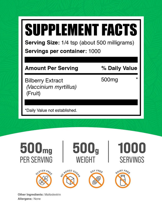BulkSupplements bilberry extract powder scoop shows convenient serving size for easy mixing.