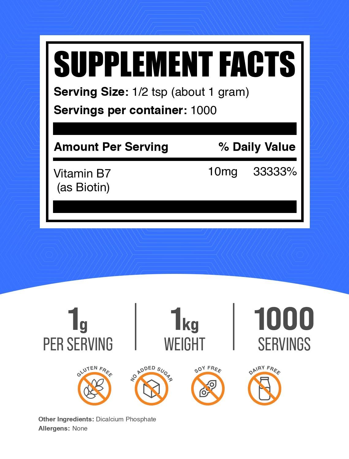 BulkSupplements Biotin 10000mcg bottle label close up highlighting gluten-free quality