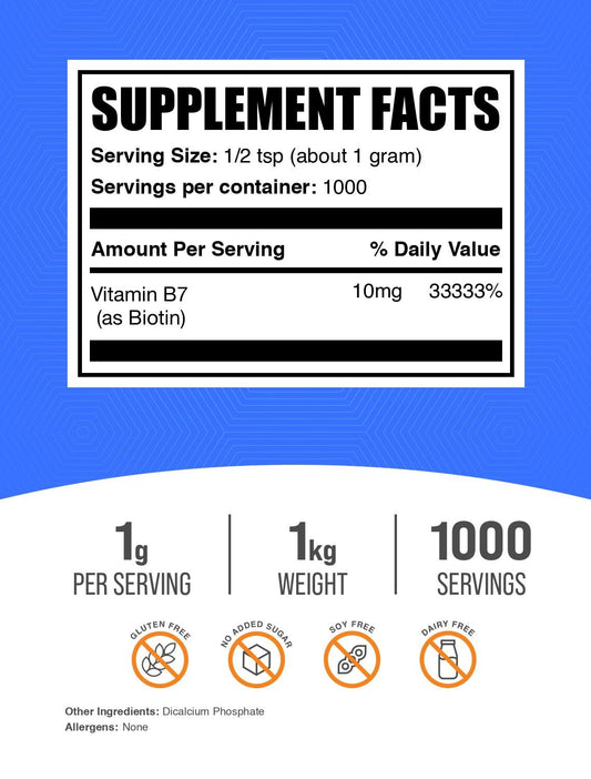 BulkSupplements Biotin 10000mcg bottle label close up highlighting gluten-free quality