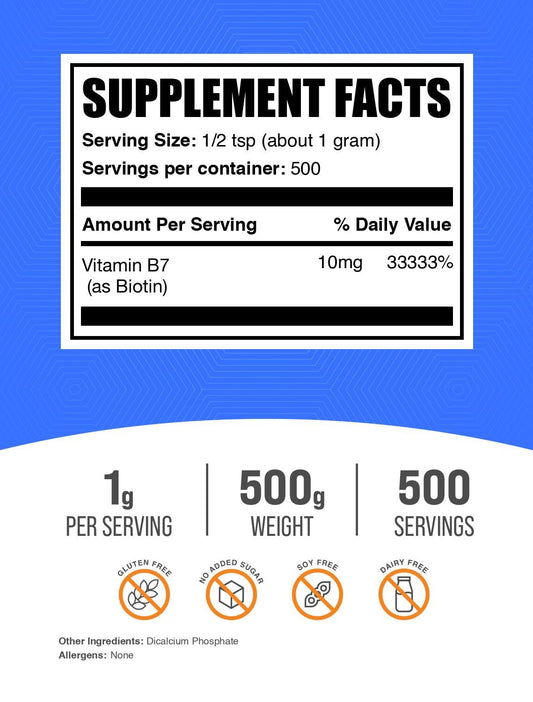 BulkSupplements Biotin powder with measuring spoon enables easy daily dosing for hair health