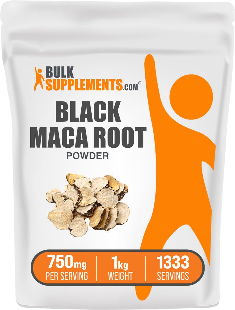 BulkSupplements Black Maca Powder bottle view highlighting vegan, gluten-free daily wellness