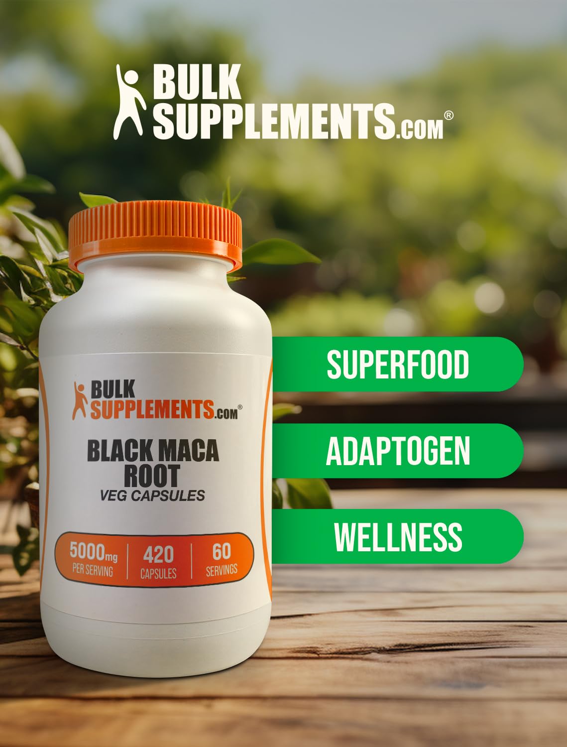 BulkSupplements Black Maca Root bottle on display signaling gluten free option.