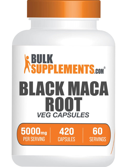 BulkSupplements Black Maca Root capsules bottle highlighting gluten free daily use.