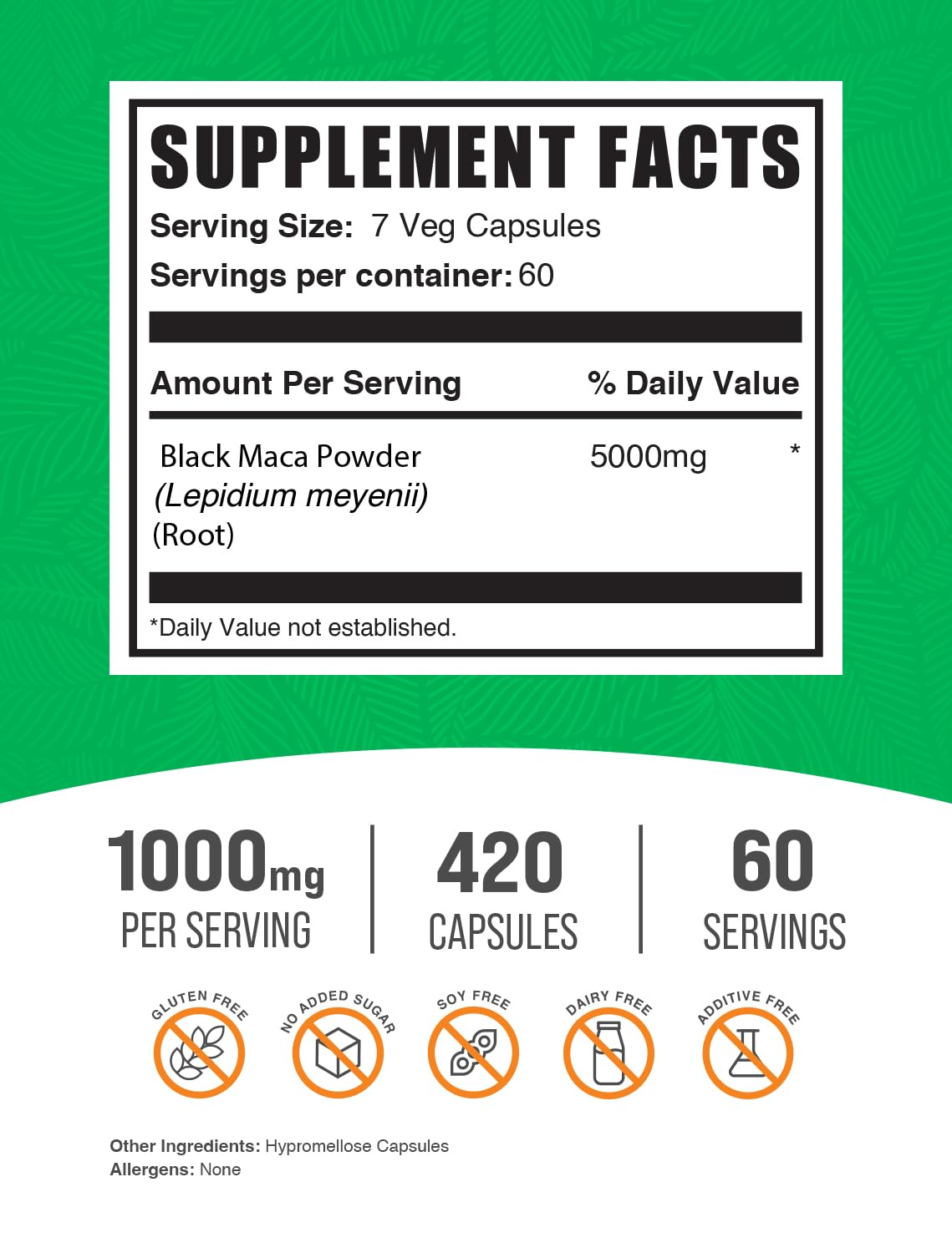 Close-up of BulkSupplements Black Maca Root capsules showing 5000 mg serving.