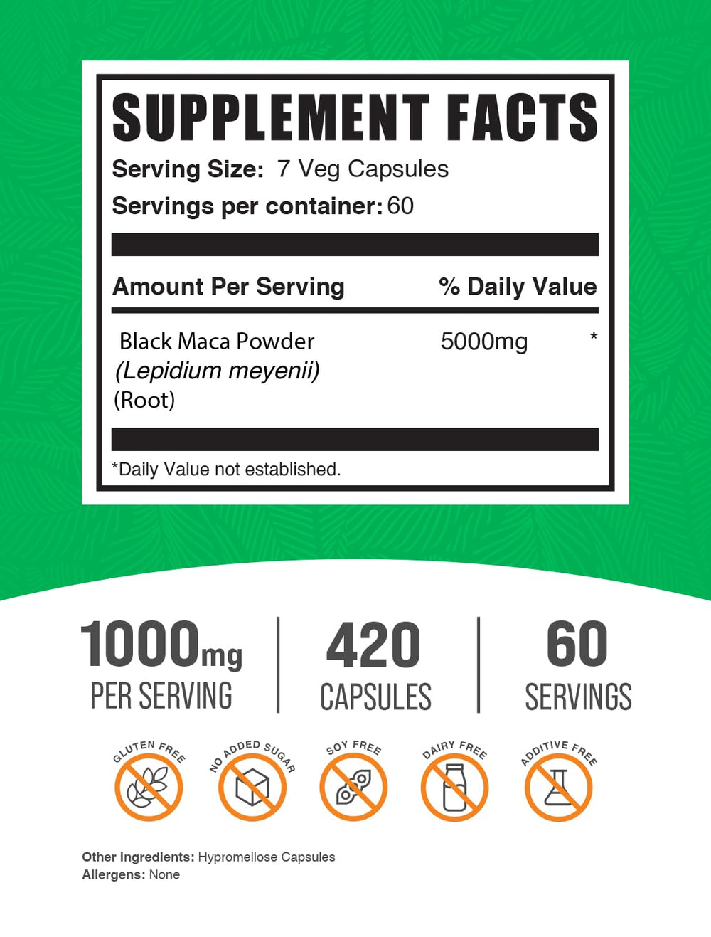Close-up of BulkSupplements Black Maca Root capsules showing 5000 mg serving.