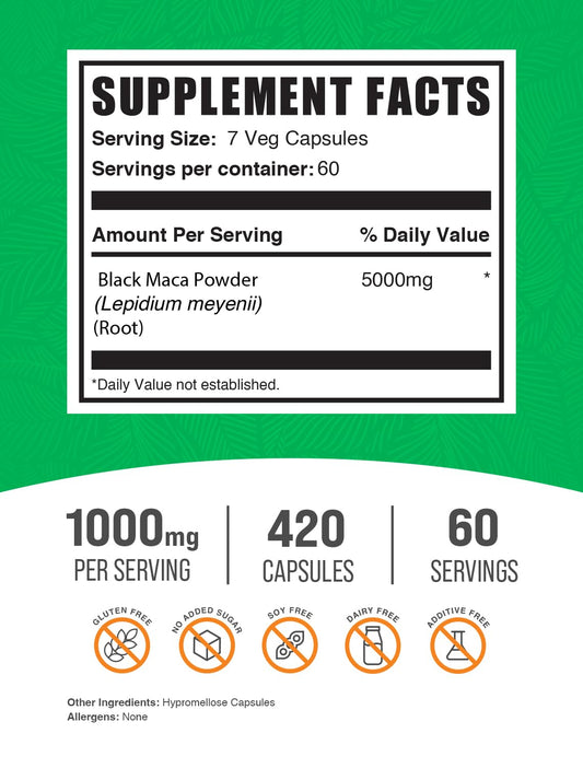Close-up of BulkSupplements Black Maca Root capsules showing 5000 mg serving.