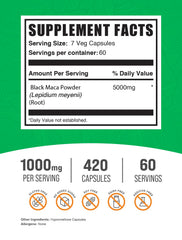 Close-up of BulkSupplements Black Maca Root capsules showing 5000 mg serving.