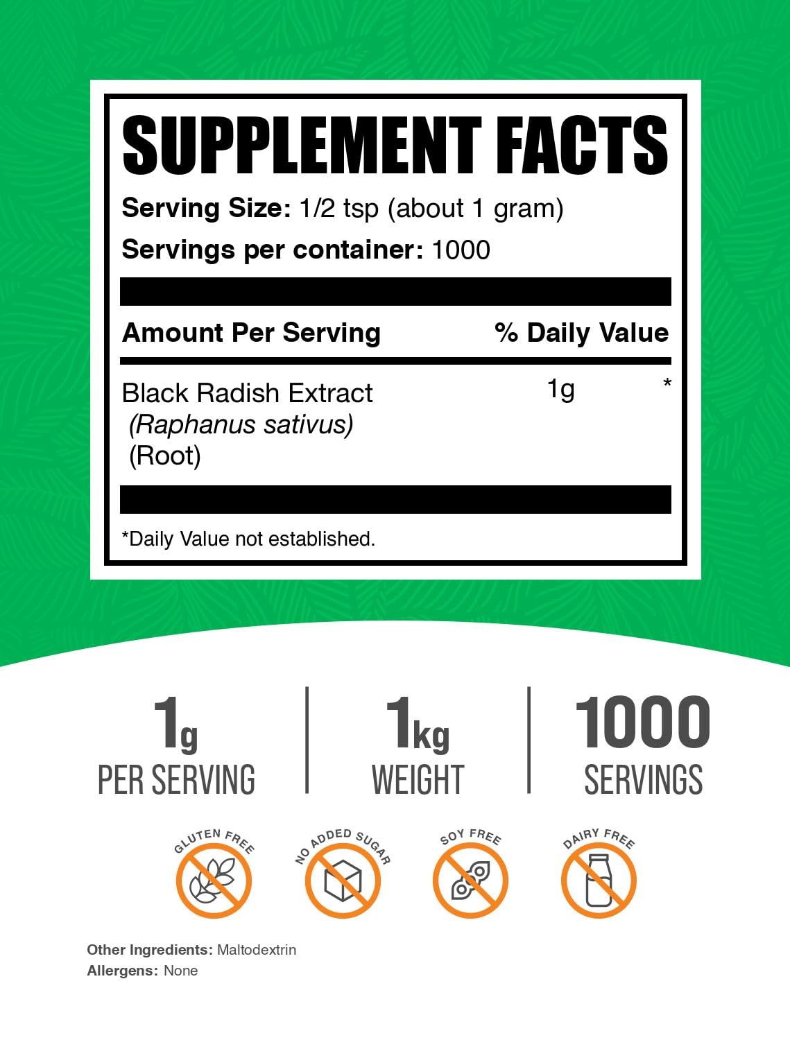 Packaging and label of BulkSupplements Black Radish Extract powder with clear ingredients.
