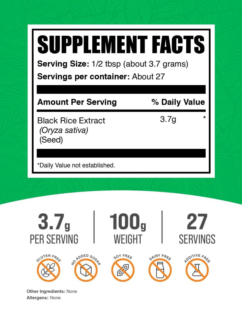 BulkSupplements Black Rice Extract powder scoop measures a 3.7g serving for easy dosing.