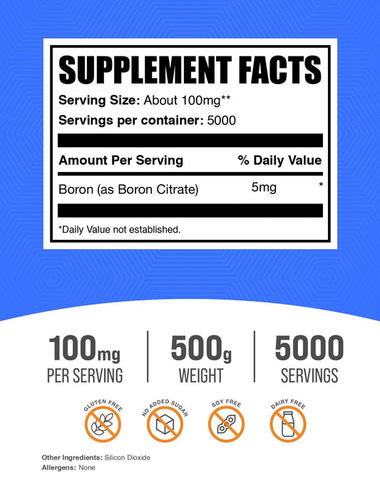 BulkSupplements Boron Citrate Powder pour demonstrating convenient mixing for smoothies and beverages.