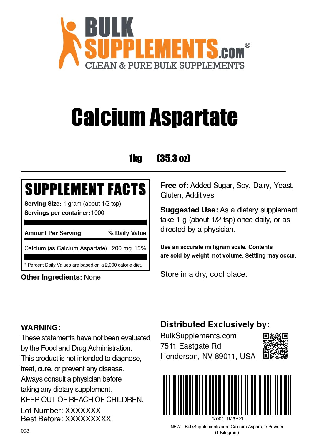 BulkSupplements calcium aspartate powder label closeup noting gluten-free and 200 mg per serving