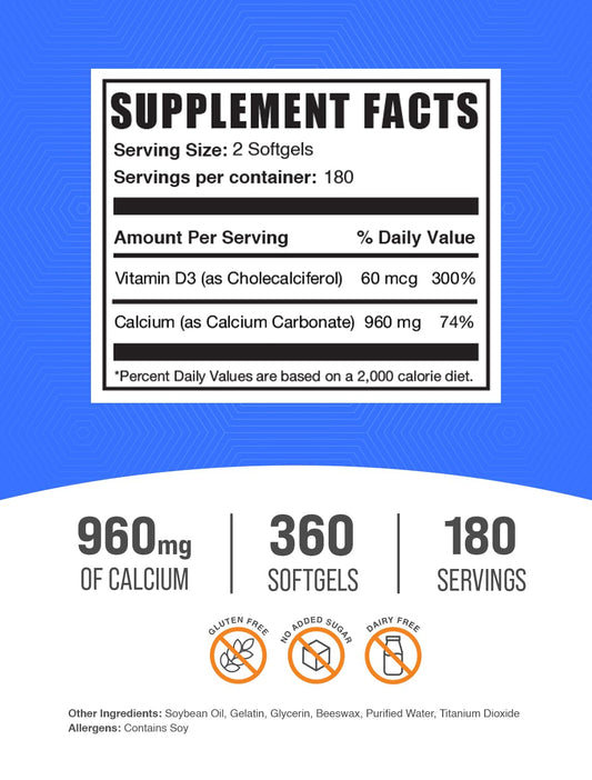 BulkSupplements calcium carbonate vitamin D3 softgels pour demonstrates easy-to-swallow capsules.