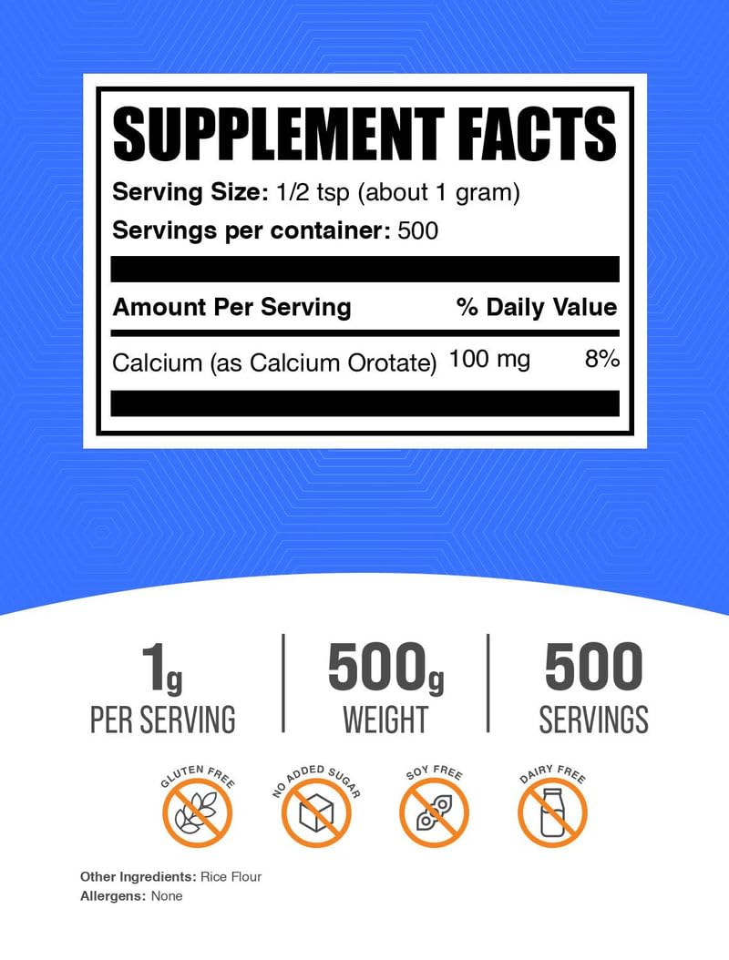 BulkSupplements Calcium Orotate powder packaging front highlighting gluten-free and unflavored formula