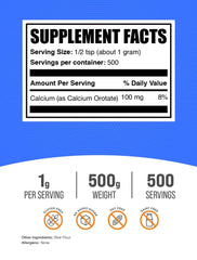 BulkSupplements Calcium Orotate powder packaging front highlighting gluten-free and unflavored formula