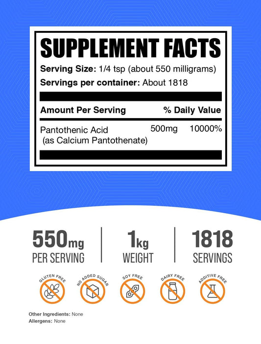 Calcium pantothenate powder from BulkSupplements with a measuring scoop for precise portions.