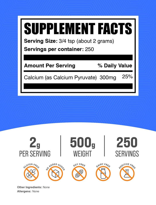 BulkSupplements Calcium Pyruvate Powder scoop shown for accurate daily servings.