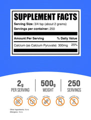 BulkSupplements Calcium Pyruvate Powder scoop shown for accurate daily servings.