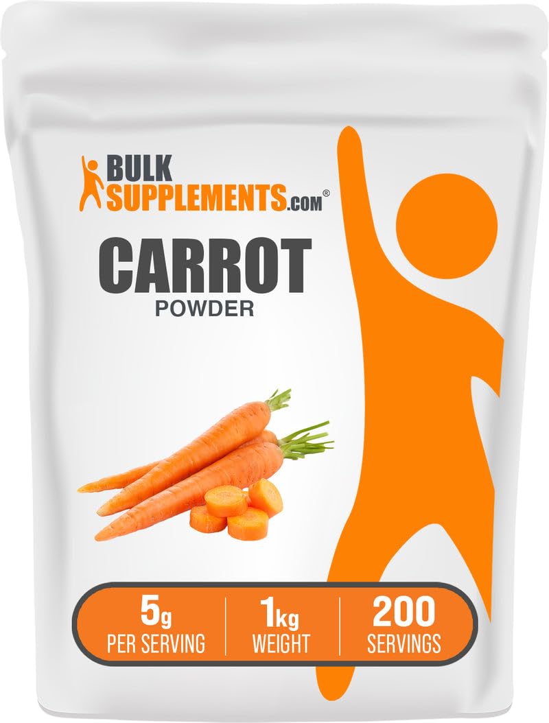 BulkSupplements carrot powder sealed bag highlights natural nutrients for smoothies