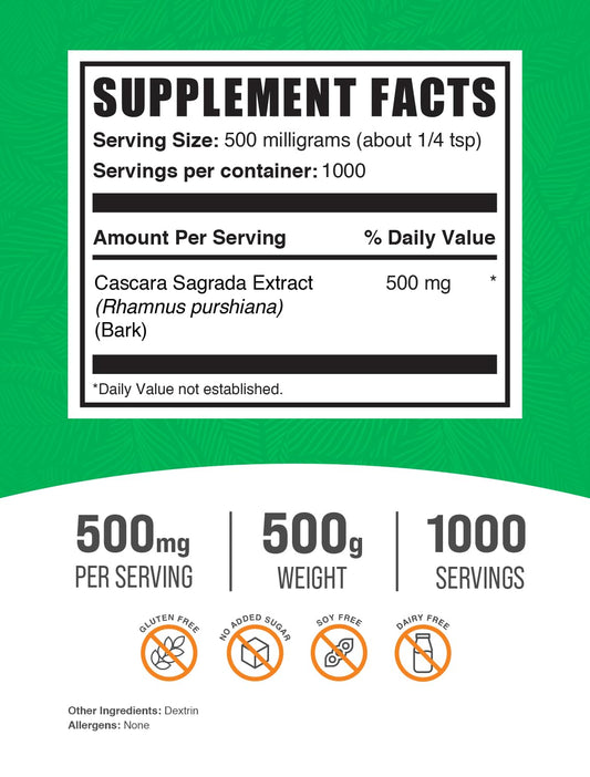 Close-up of BulkSupplements Cascara Sagrada Extract bottle showing quality packaging.