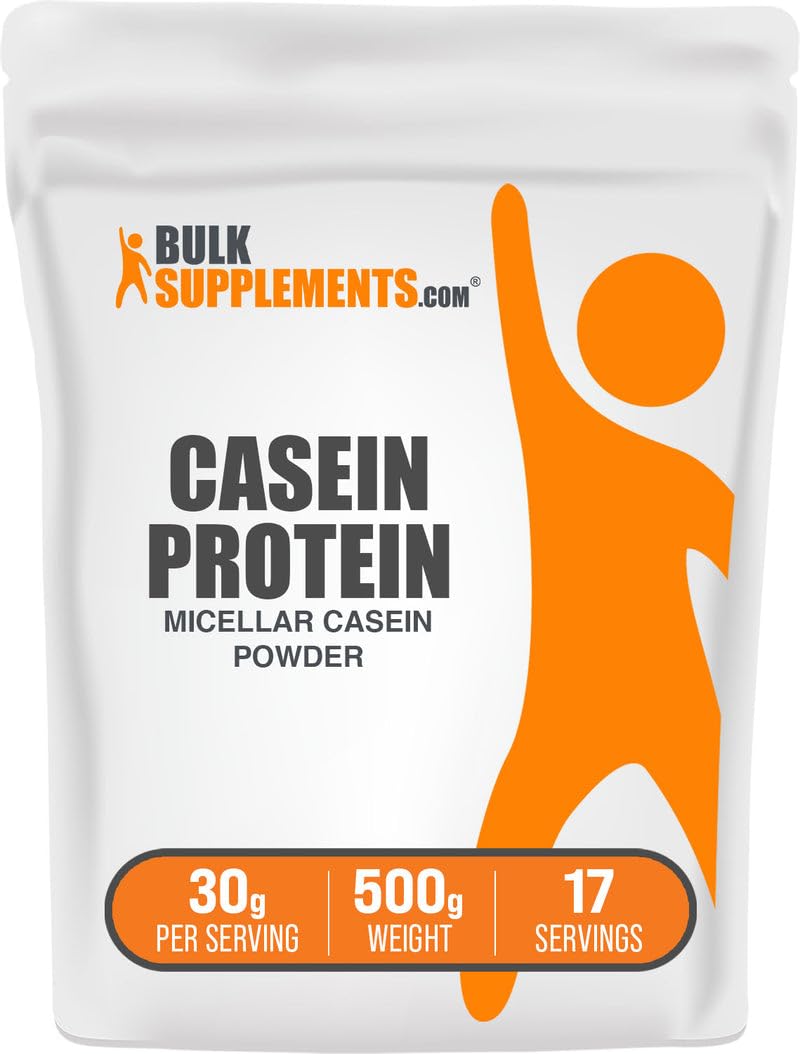 BulkSupplements Casein bottle front shows unflavored micellar protein for steady release.