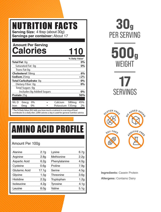 BulkSupplements casein scoop with 30g serving for post-workout support.