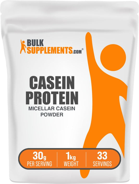 BulkSupplements casein protein powder tub highlighting slow-digesting protein for overnight recovery.