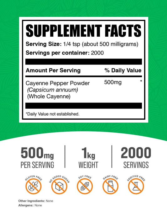 BulkSupplements cayenne pepper 40000 HU powder with scoop illustrating easy daily servings