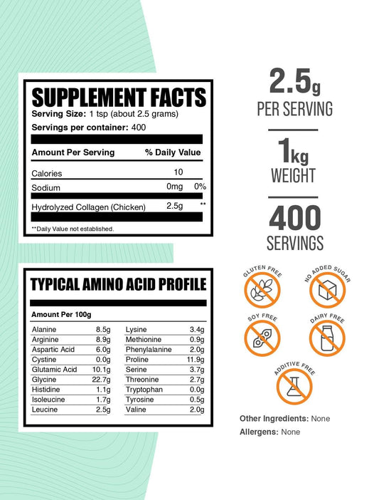 Bulksupplements chicken collagen powder scoop for precise serving in shakes.